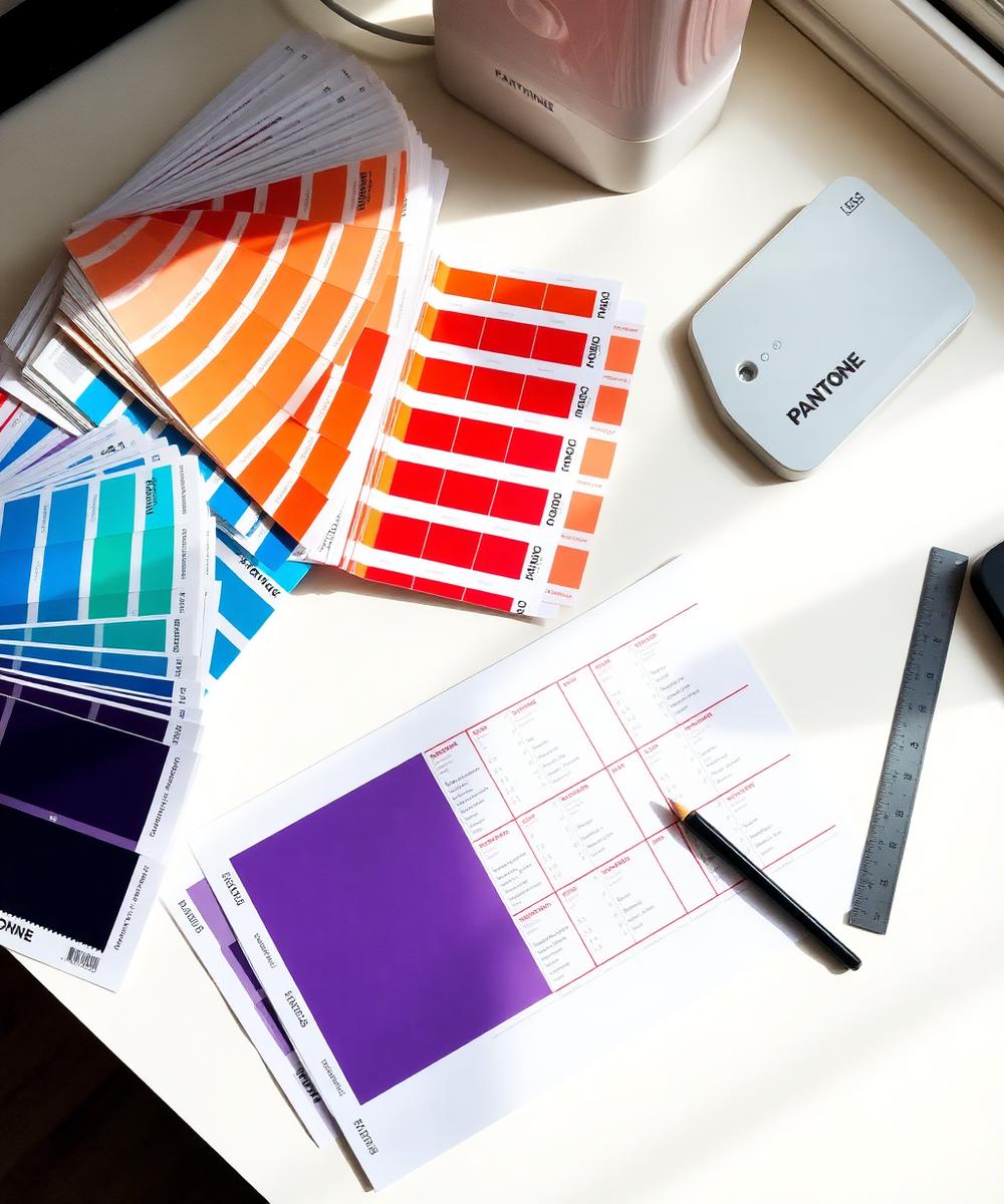 Designer's desk with Pantone swatch books and printed proofs
